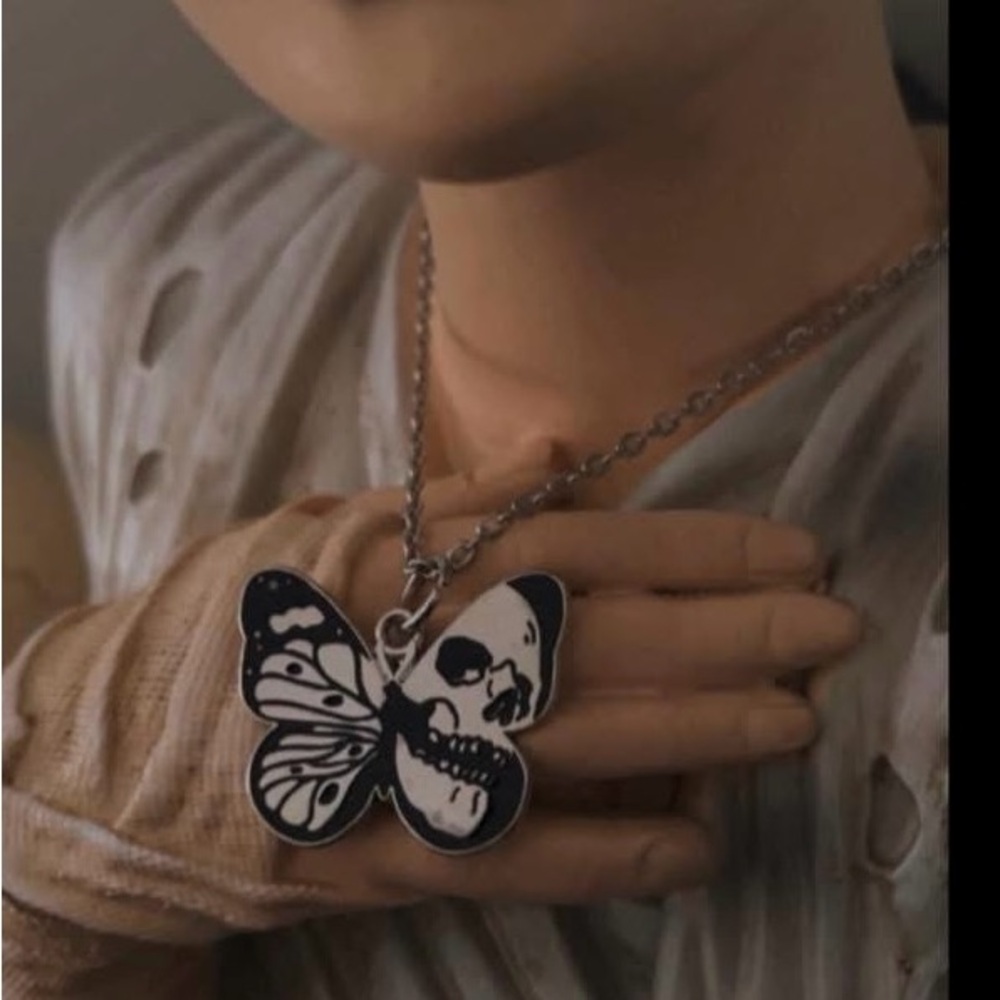 Silver Butterfly Skull Pendant Necklace